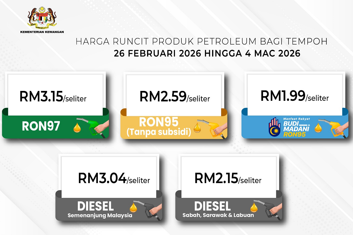 Harga Runcit RON97, RON95 Dan Diesel Meningkat 5 Sen Seliter Dari 26 Februari 2026 Hingga 4 Mac 2026